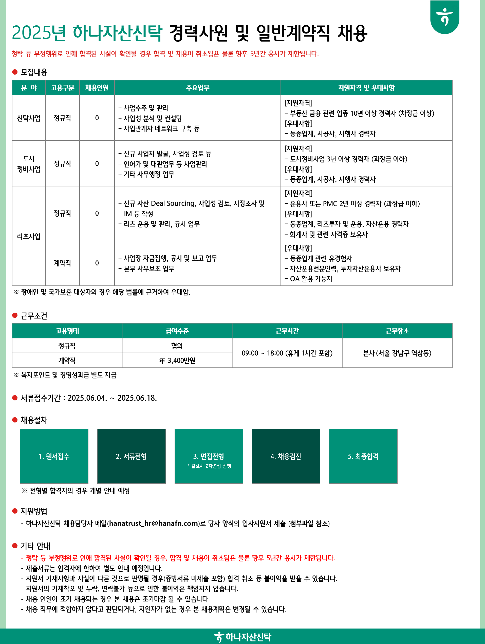 2025년 하나자산신탁 경력직 및 일반계약직 채용 진행 공고.png