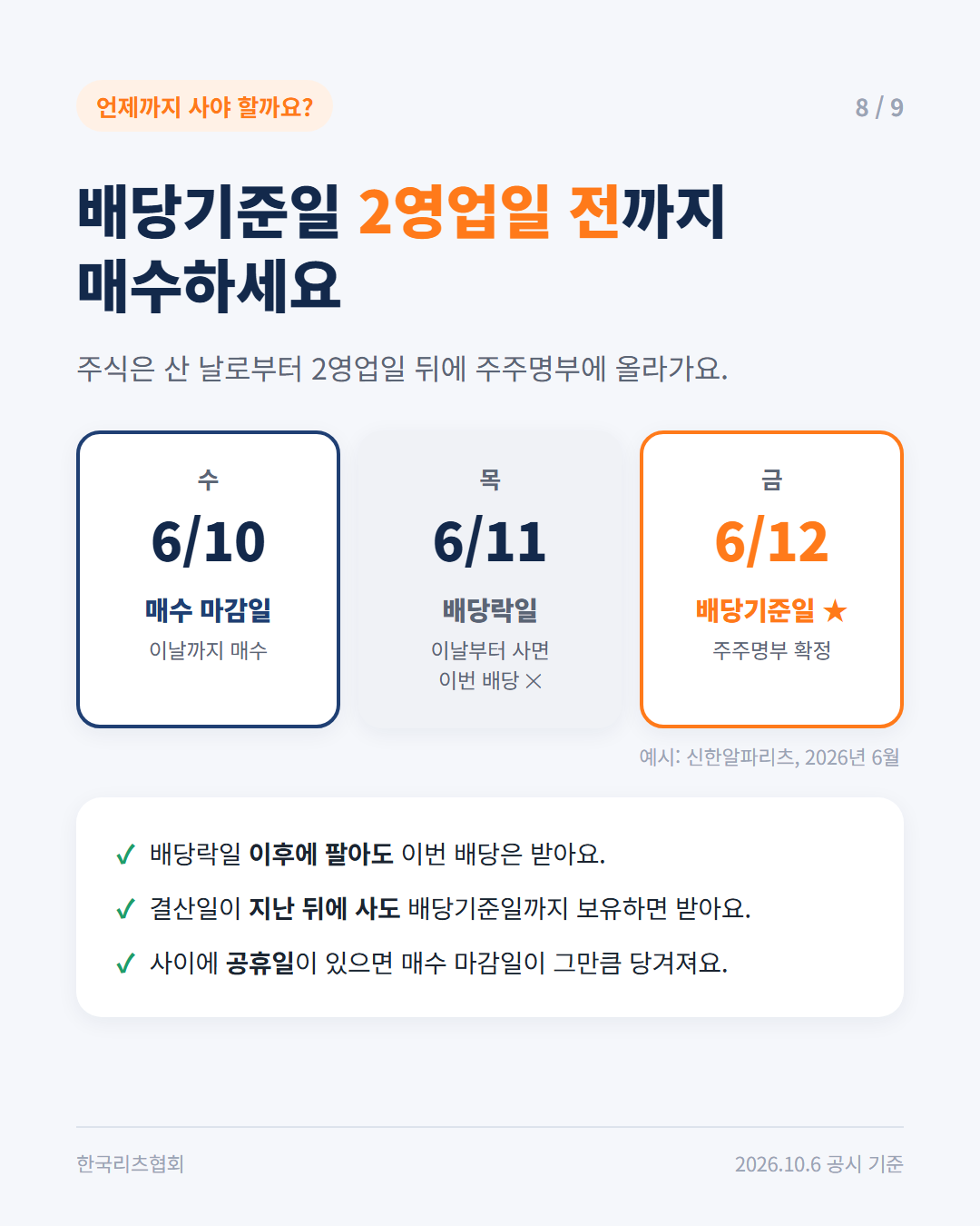 언제까지 사야 할까요? 배당기준일 2영업일 전까지 매수하세요.